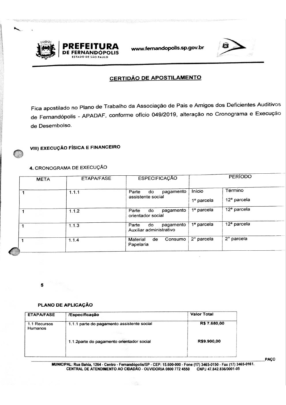 Página 1 de Certidão de Apostilamento — Plano de Trabalho da Proteção Social Básica — 2019