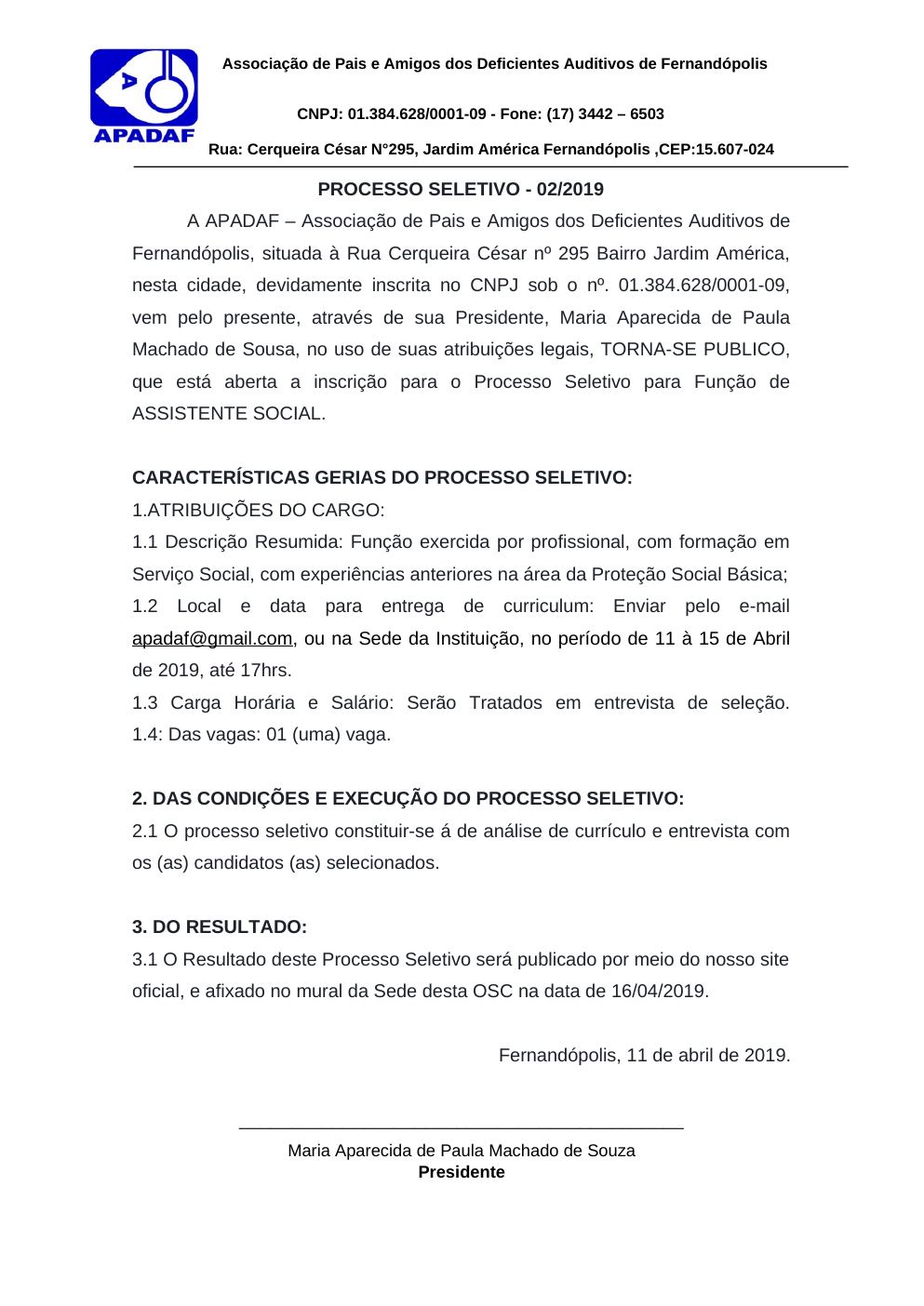 Página 1 de Processo Seletivo nº 02/2019 — Assistente Social