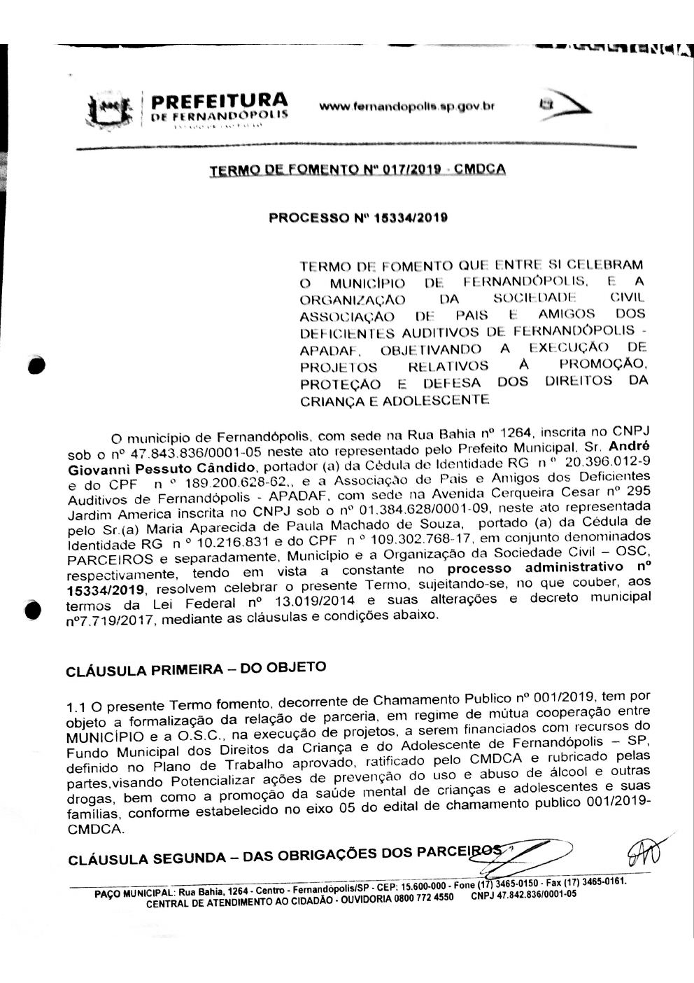 Página 1 de Termo de Fomento nº 017/2019 — CMDCA — 2019
