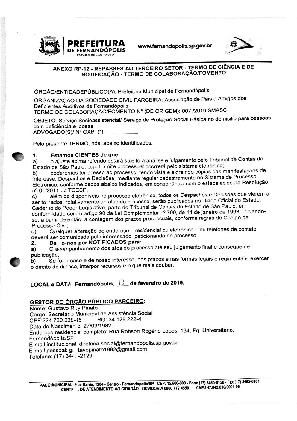 Página 1 de Termo de Ciência e Notificação — Termo de Colaboração nº 007/2019 — Proteção Social Básica