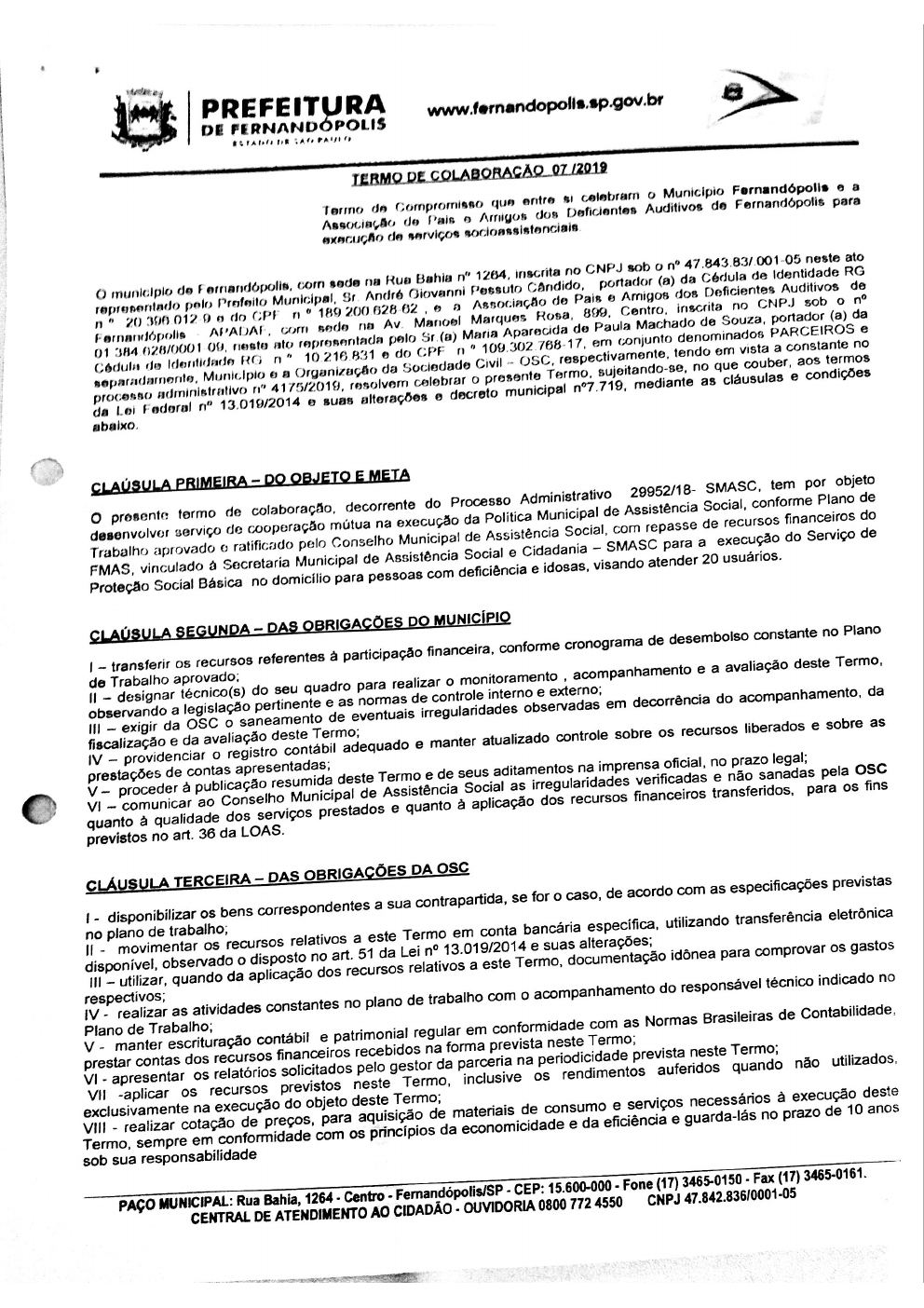 Página 1 de Termo de Colaboração nº 007/2019 — Proteção Social Básica — 2019