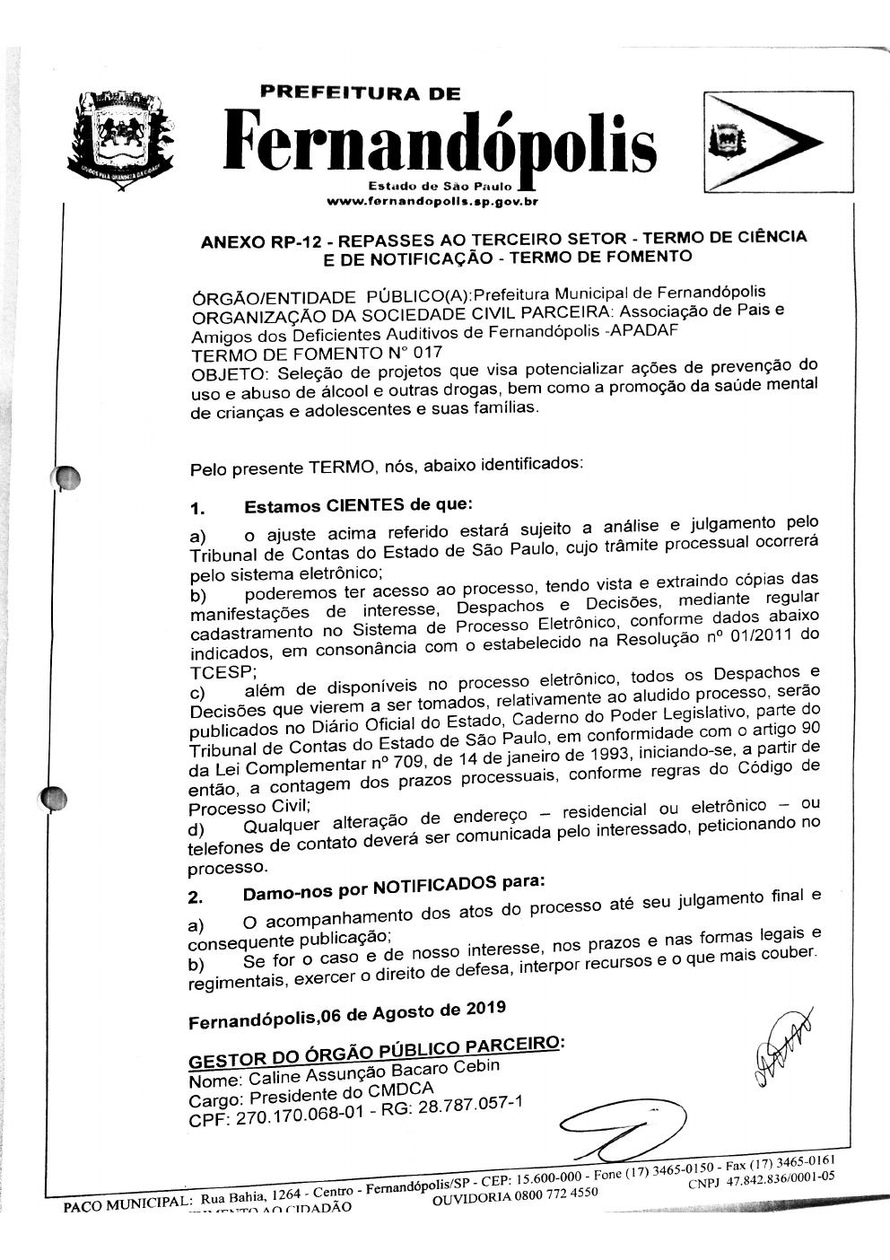 Página 1 de Termo de Ciência e Notificação — Termo de Fomento nº 017 — CMDCA — 2019