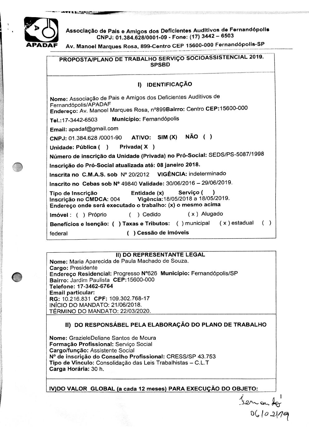 Página 1 de Plano de Trabalho — Proteção Social Básica no Domicílio (SPSBD) — 2019