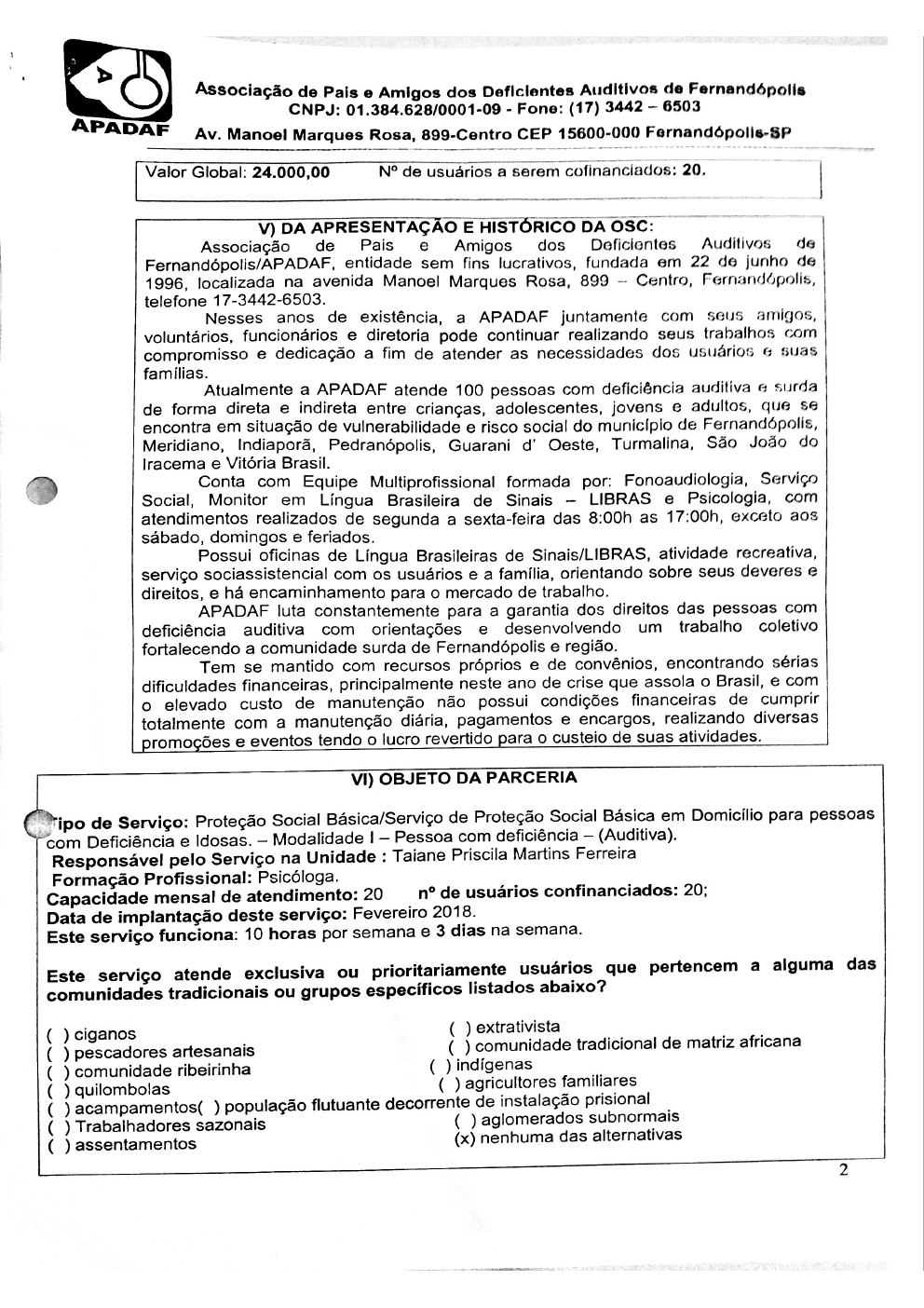 Página 2 de Plano de Trabalho — Proteção Social Básica no Domicílio (SPSBD) — 2019
