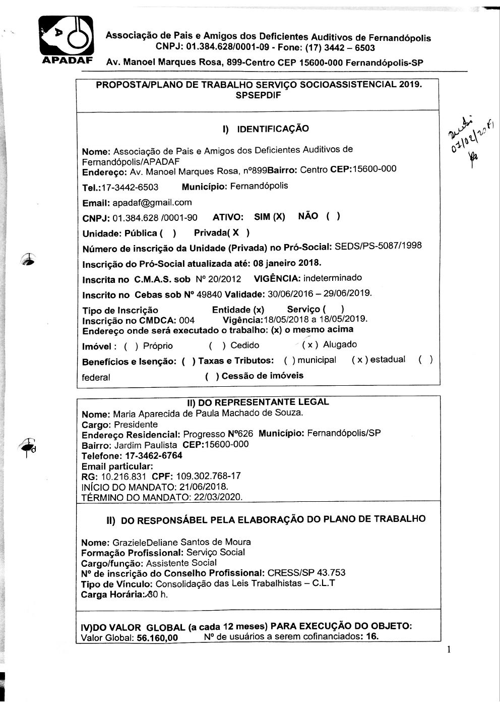 Página 1 de Plano de Trabalho — Proteção Social Especial de Média Complexidade (SPSEPDIF) — 2019