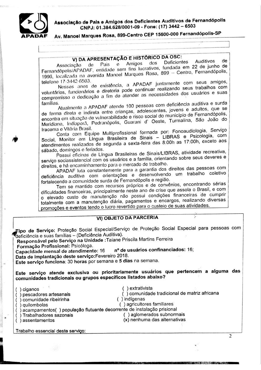 Página 2 de Plano de Trabalho — Proteção Social Especial de Média Complexidade (SPSEPDIF) — 2019