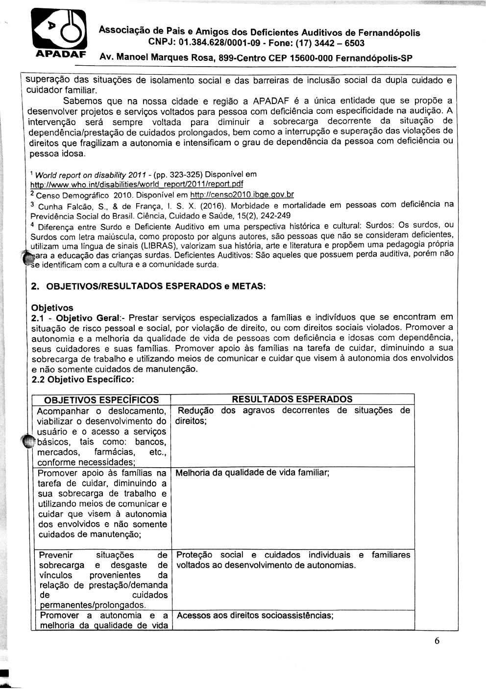 Página 6 de Plano de Trabalho — Proteção Social Especial de Média Complexidade (SPSEPDIF) — 2019