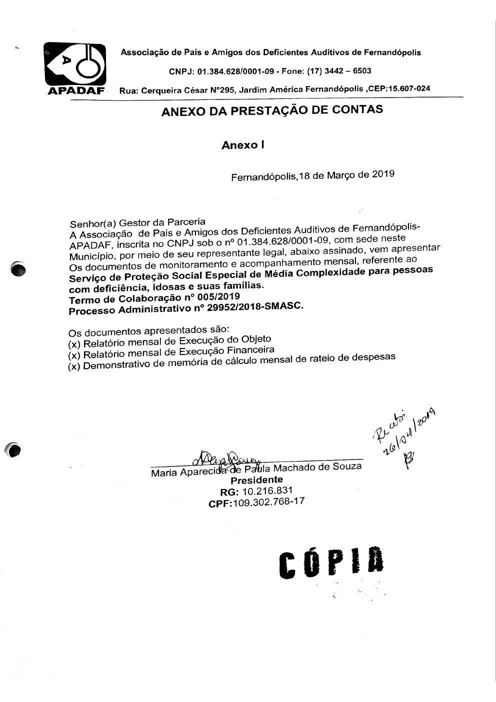 Página 1 de Prestação de Contas Mensal — Média Complexidade — 1ª Parcela — Março/2019