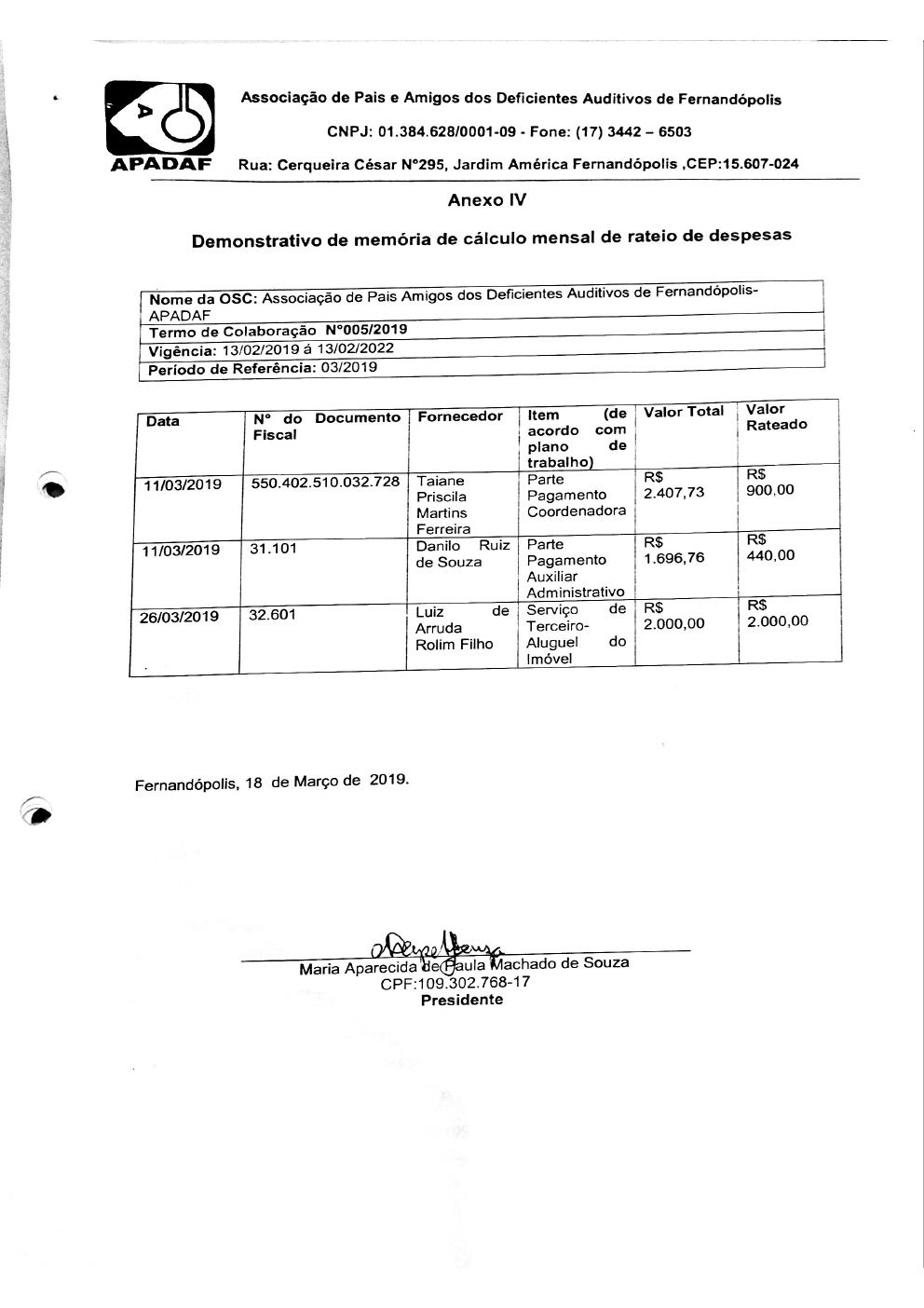 Página 2 de Prestação de Contas Mensal — Média Complexidade — 1ª Parcela — Março/2019