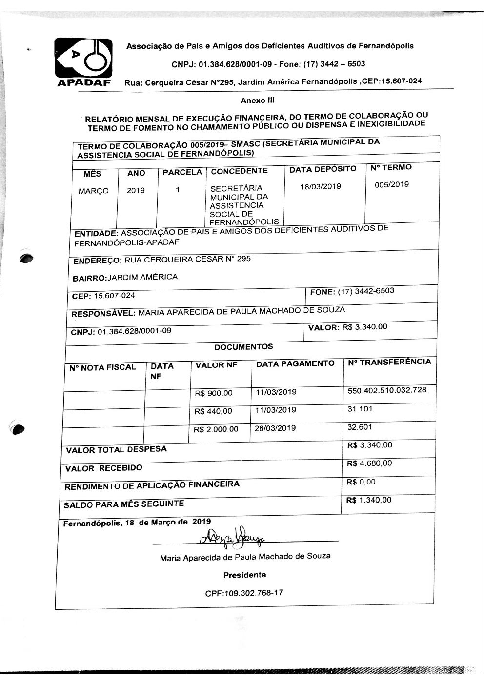 Página 3 de Prestação de Contas Mensal — Média Complexidade — 1ª Parcela — Março/2019