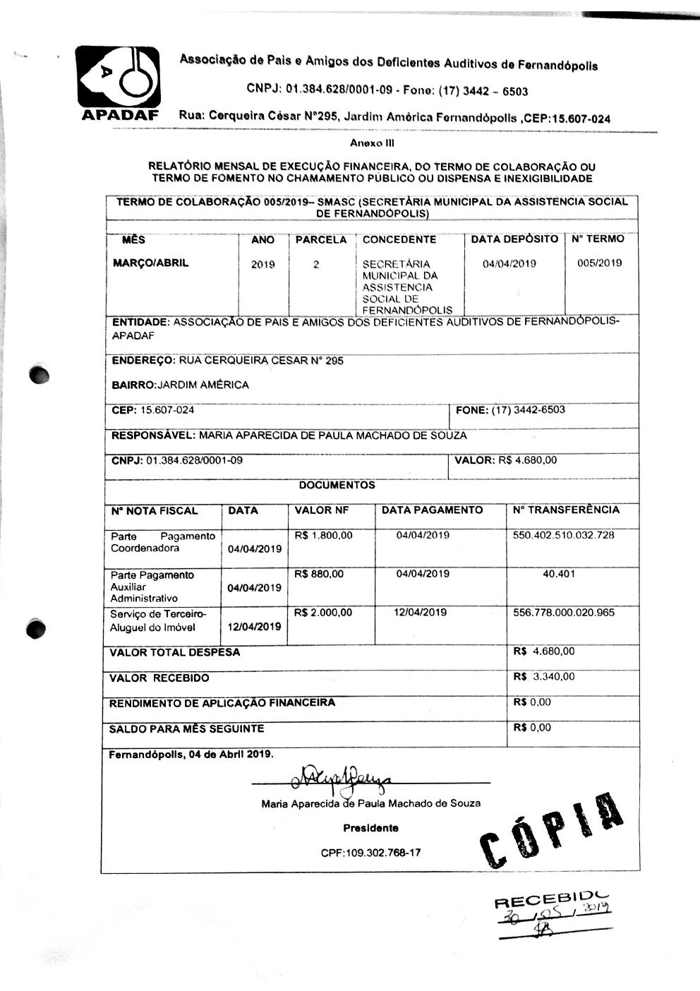 Página 5 de Prestação de Contas Mensal — Média Complexidade — 1ª Parcela — Março/2019