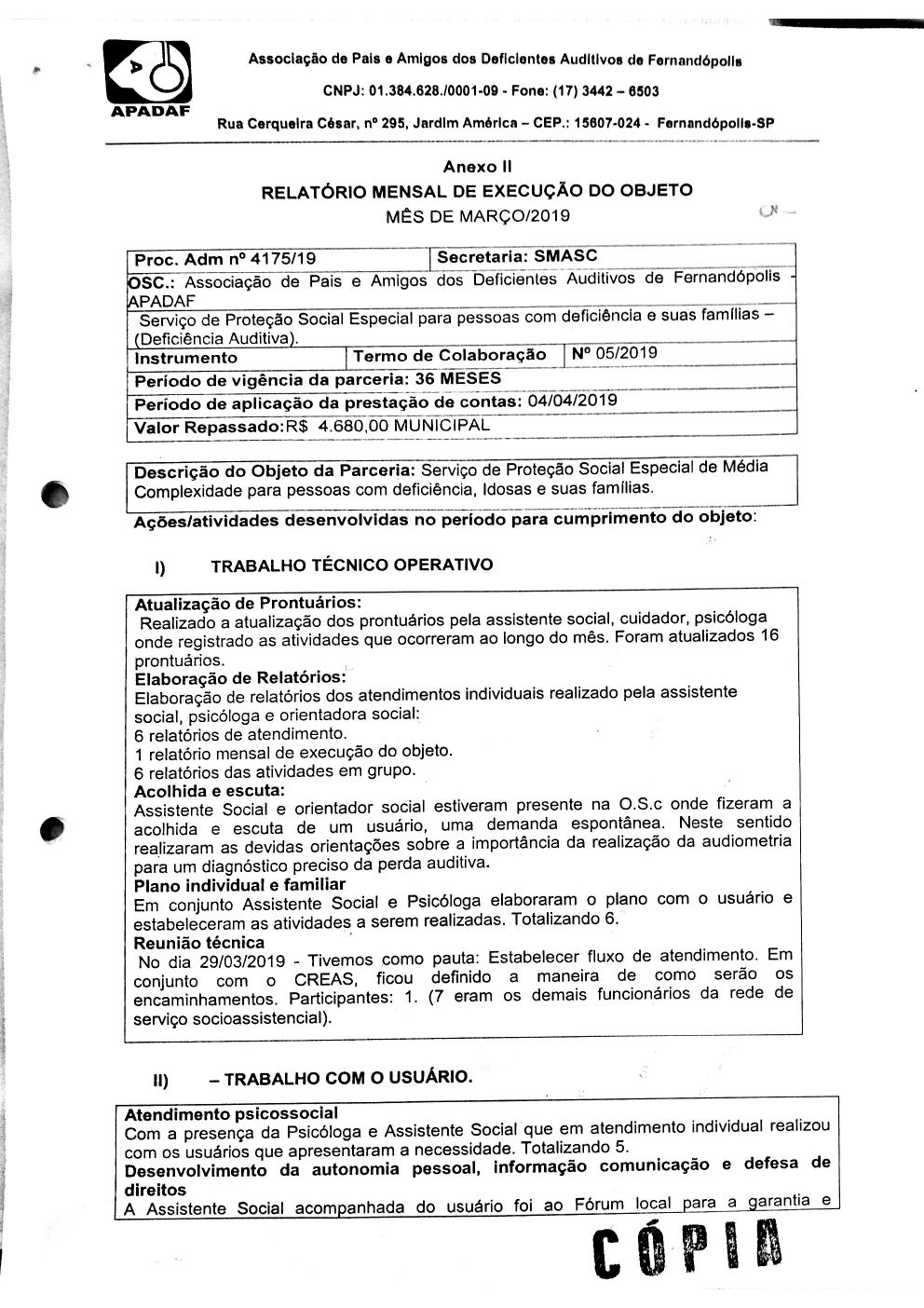 Página 6 de Prestação de Contas Mensal — Média Complexidade — 1ª Parcela — Março/2019