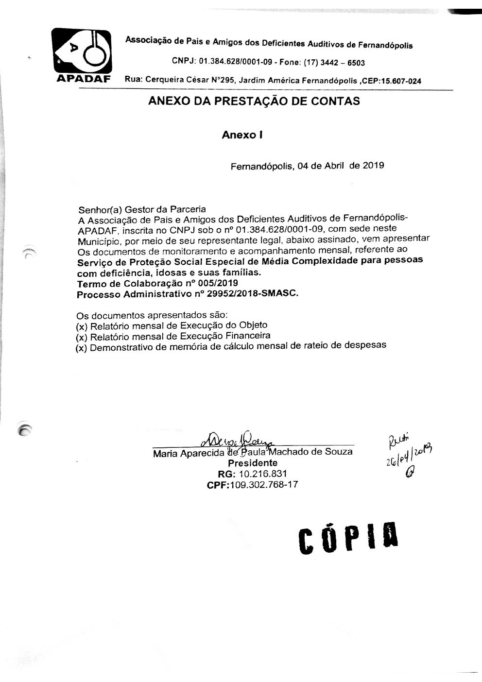 Página 1 de Prestação de Contas Mensal — Média Complexidade — 2ª Parcela — Abril/2019