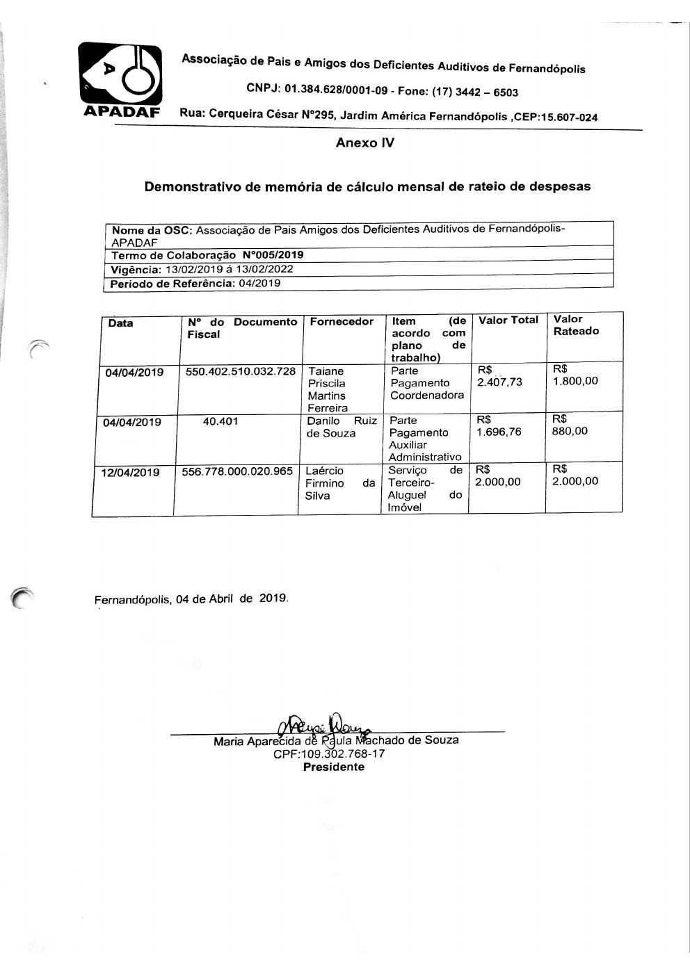 Página 2 de Prestação de Contas Mensal — Média Complexidade — 2ª Parcela — Abril/2019