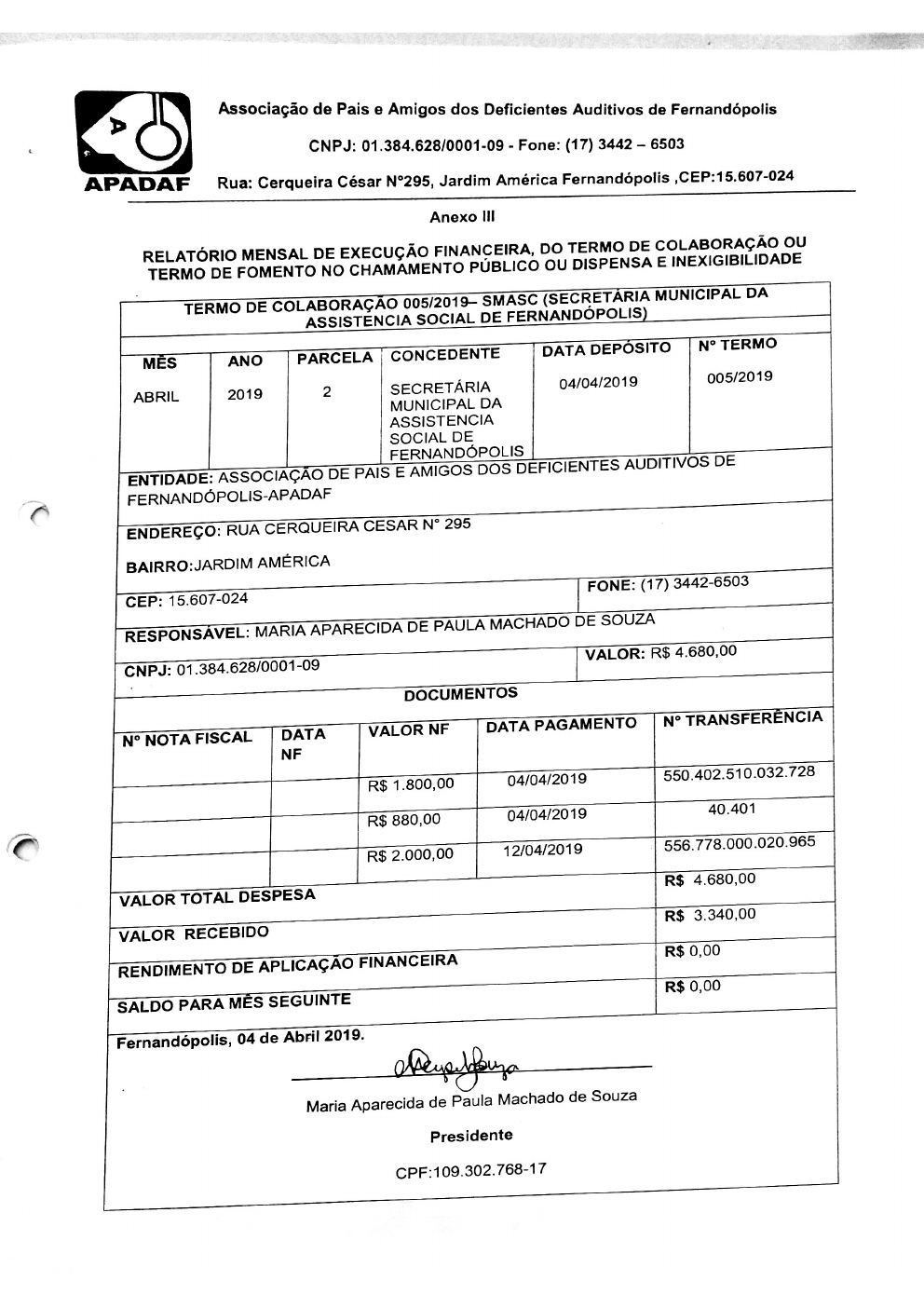 Página 3 de Prestação de Contas Mensal — Média Complexidade — 2ª Parcela — Abril/2019