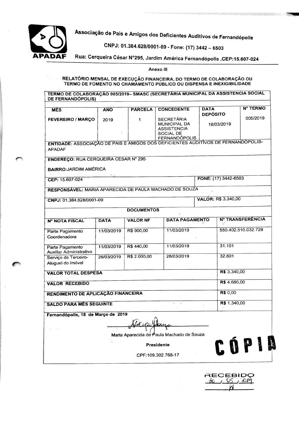 Página 5 de Prestação de Contas Mensal — Média Complexidade — 2ª Parcela — Abril/2019