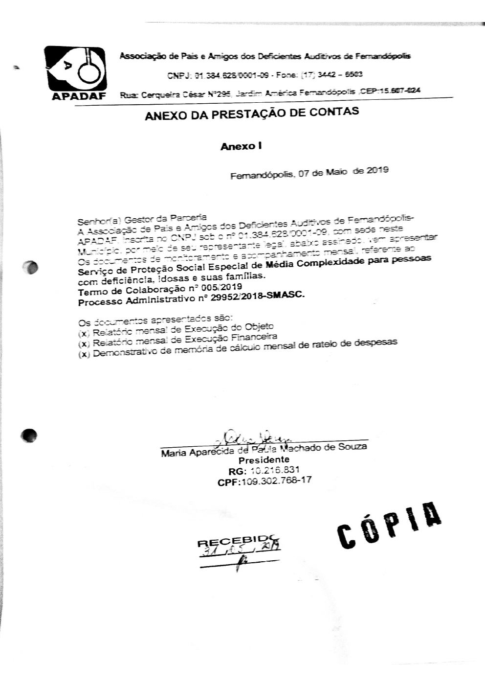 Página 1 de Prestação de Contas Mensal — Média Complexidade — 3ª Parcela — Maio/2019