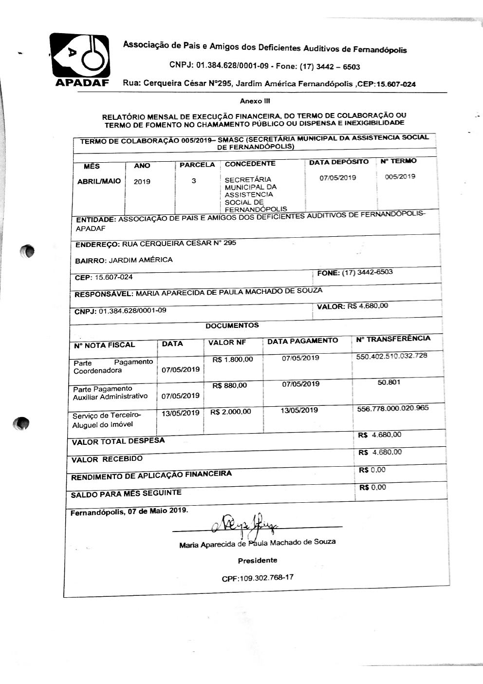 Página 3 de Prestação de Contas Mensal — Média Complexidade — 3ª Parcela — Maio/2019