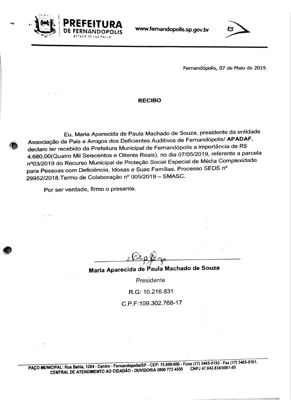 Página 4 de Prestação de Contas Mensal — Média Complexidade — 3ª Parcela — Maio/2019