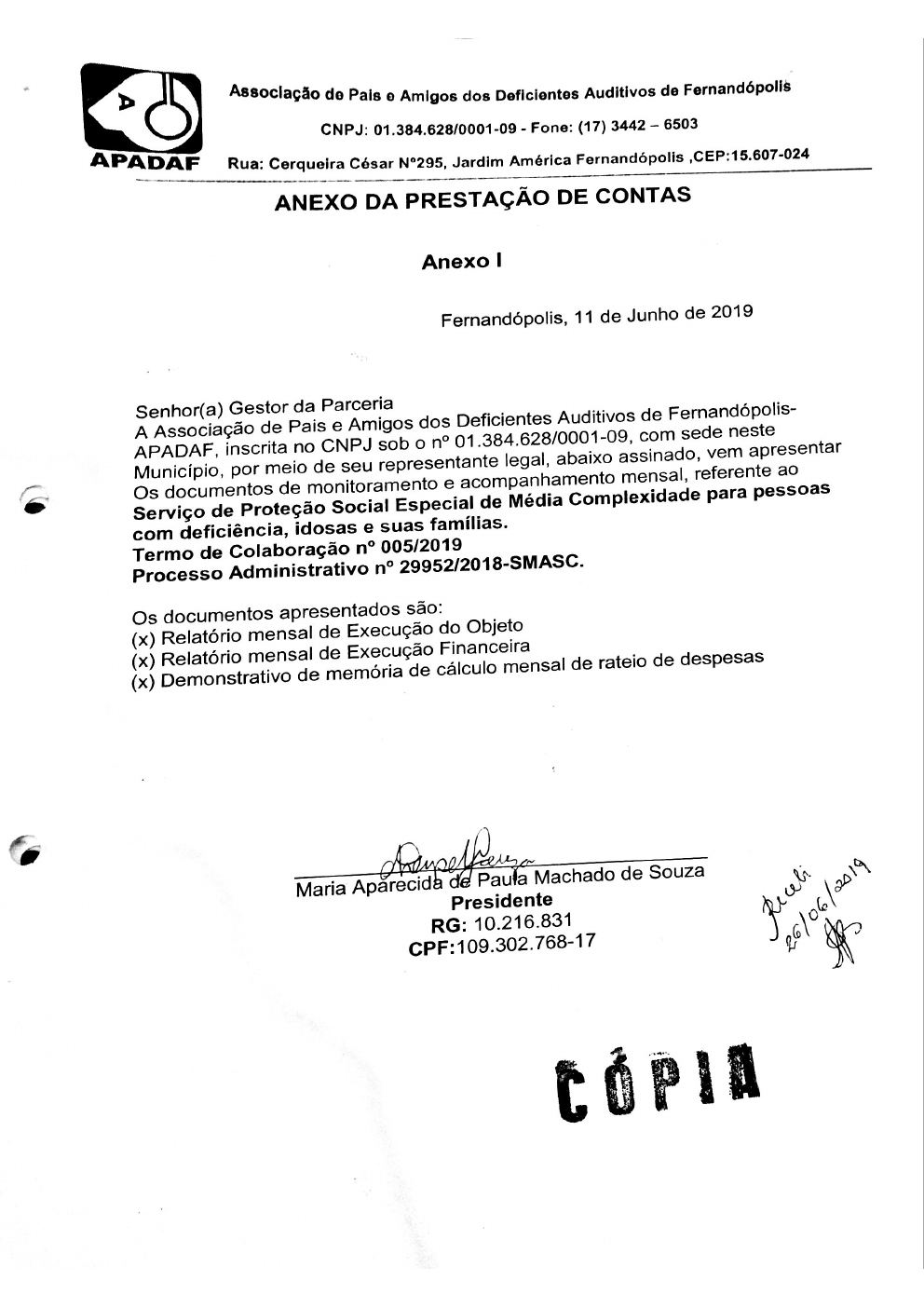 Página 1 de Prestação de Contas Mensal — Média Complexidade — 4ª Parcela — Junho/2019