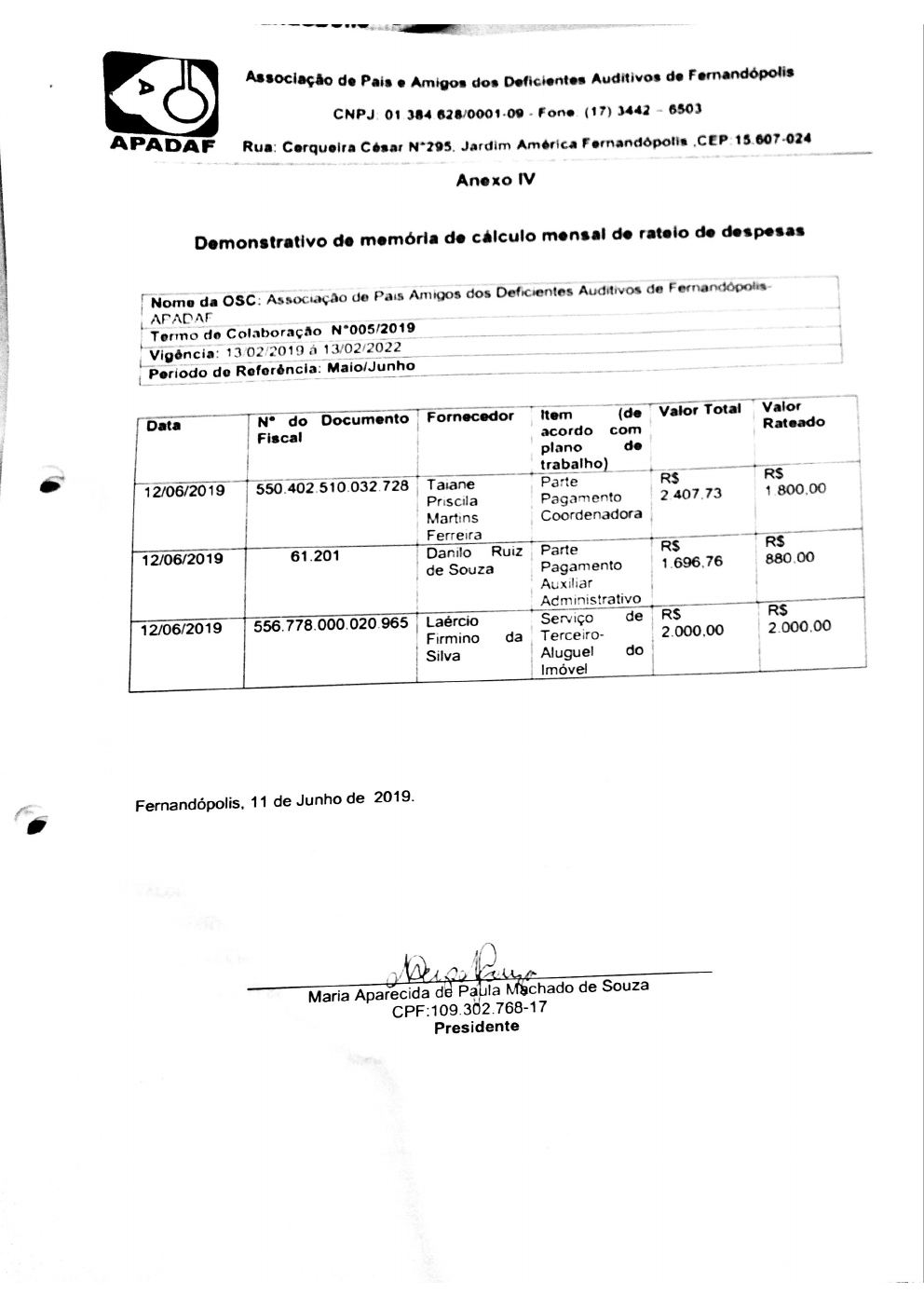 Página 2 de Prestação de Contas Mensal — Média Complexidade — 4ª Parcela — Junho/2019
