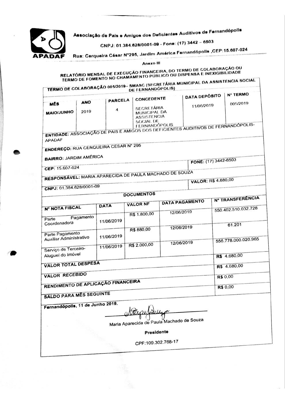 Página 3 de Prestação de Contas Mensal — Média Complexidade — 4ª Parcela — Junho/2019