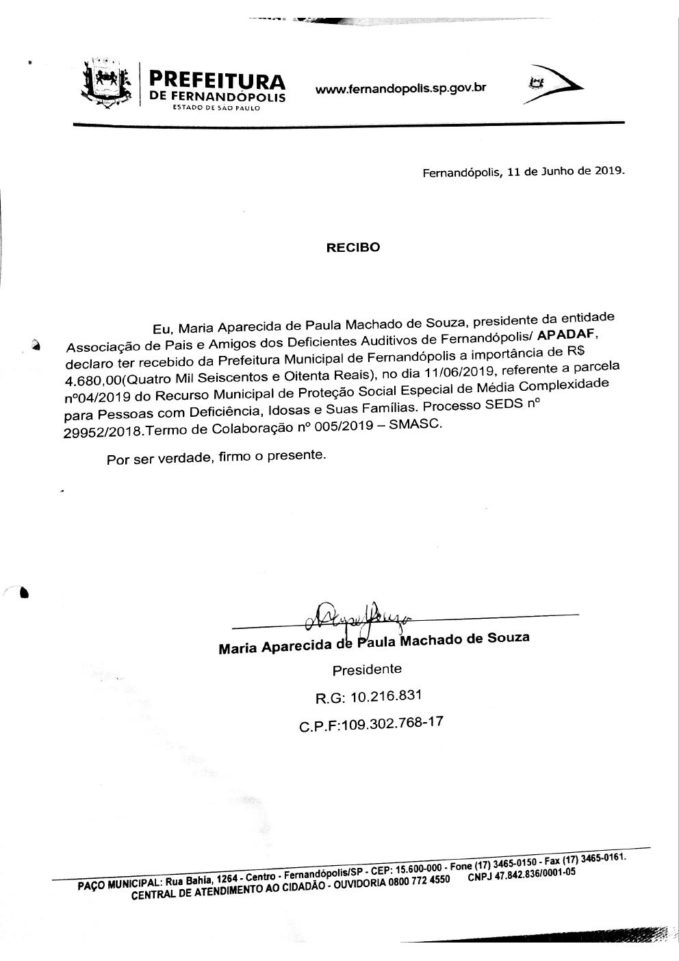 Página 4 de Prestação de Contas Mensal — Média Complexidade — 4ª Parcela — Junho/2019