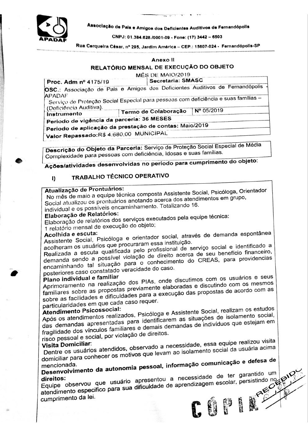 Página 5 de Prestação de Contas Mensal — Média Complexidade — 4ª Parcela — Junho/2019