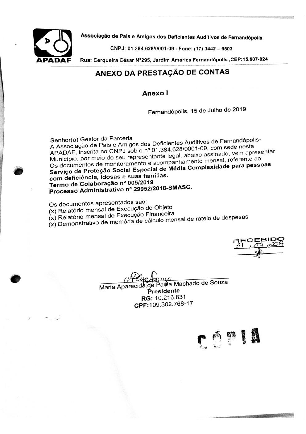 Página 1 de Prestação de Contas Mensal — Média Complexidade — 5ª Parcela — Julho/2019