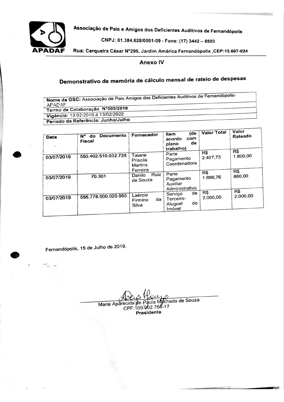 Página 2 de Prestação de Contas Mensal — Média Complexidade — 5ª Parcela — Julho/2019