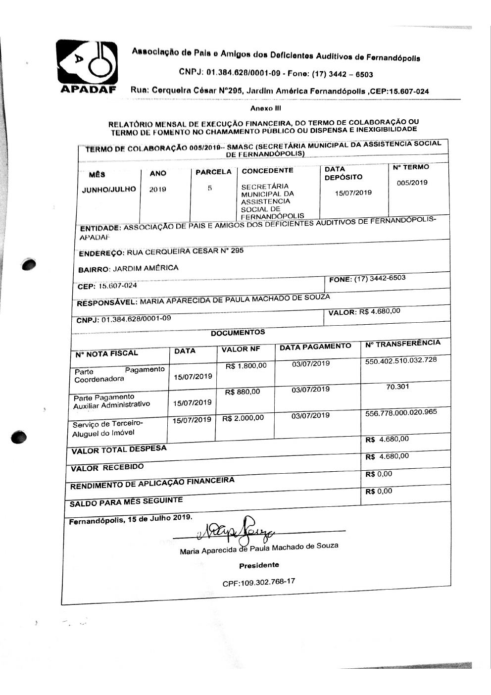 Página 4 de Prestação de Contas Mensal — Média Complexidade — 5ª Parcela — Julho/2019