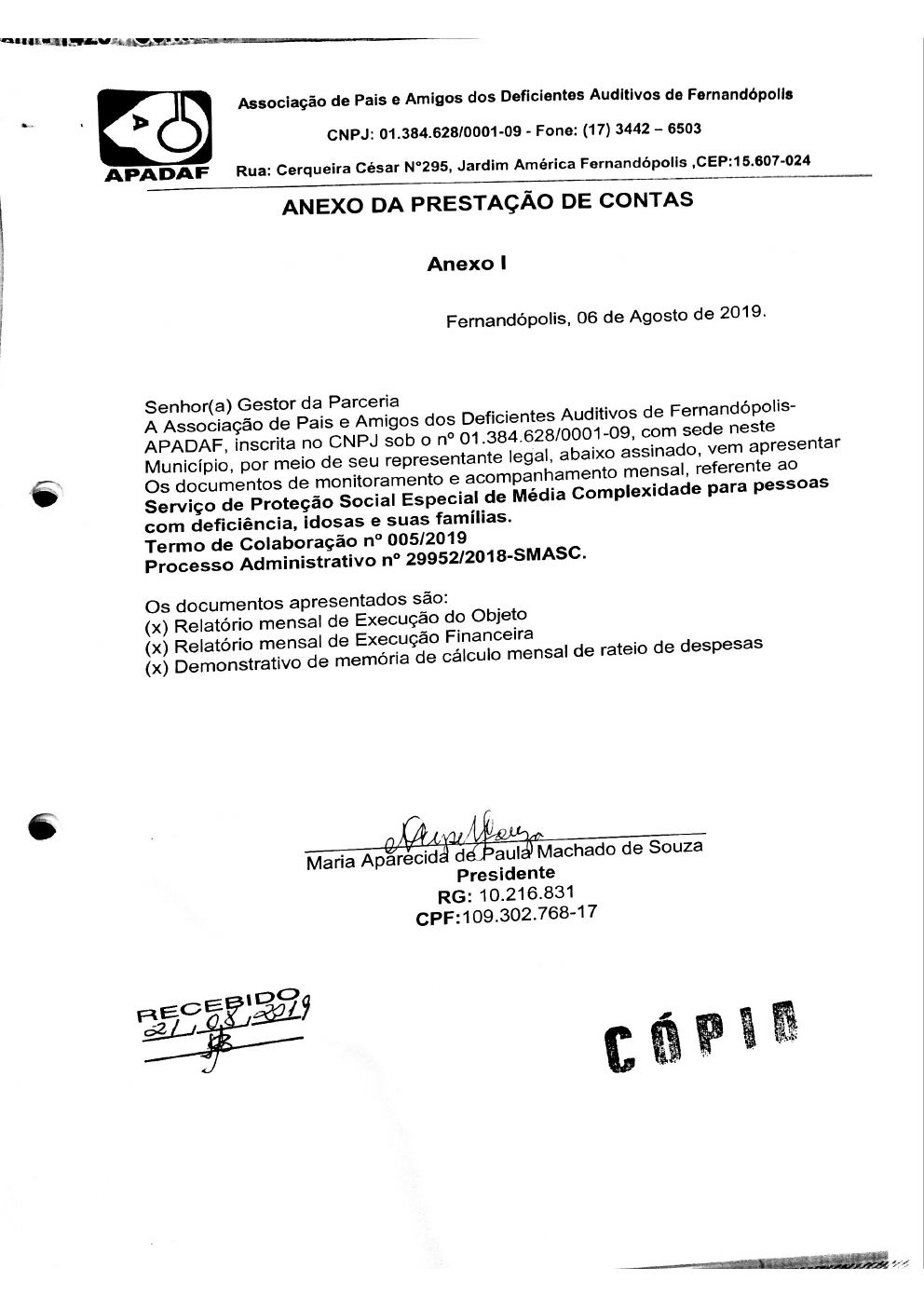 Página 1 de Prestação de Contas Mensal — Média Complexidade — 6ª Parcela — Agosto/2019