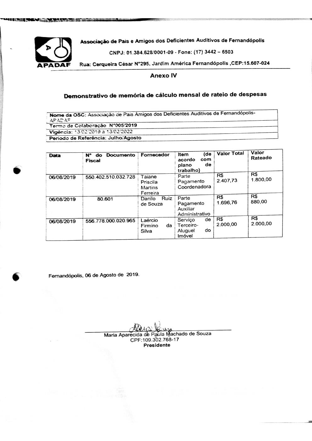 Página 2 de Prestação de Contas Mensal — Média Complexidade — 6ª Parcela — Agosto/2019