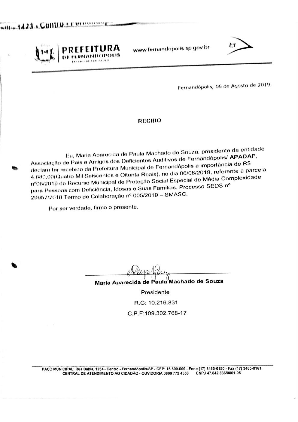 Página 3 de Prestação de Contas Mensal — Média Complexidade — 6ª Parcela — Agosto/2019