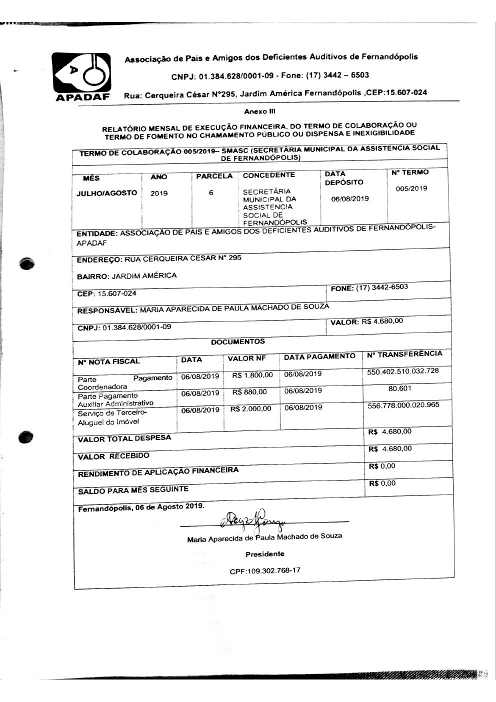 Página 4 de Prestação de Contas Mensal — Média Complexidade — 6ª Parcela — Agosto/2019