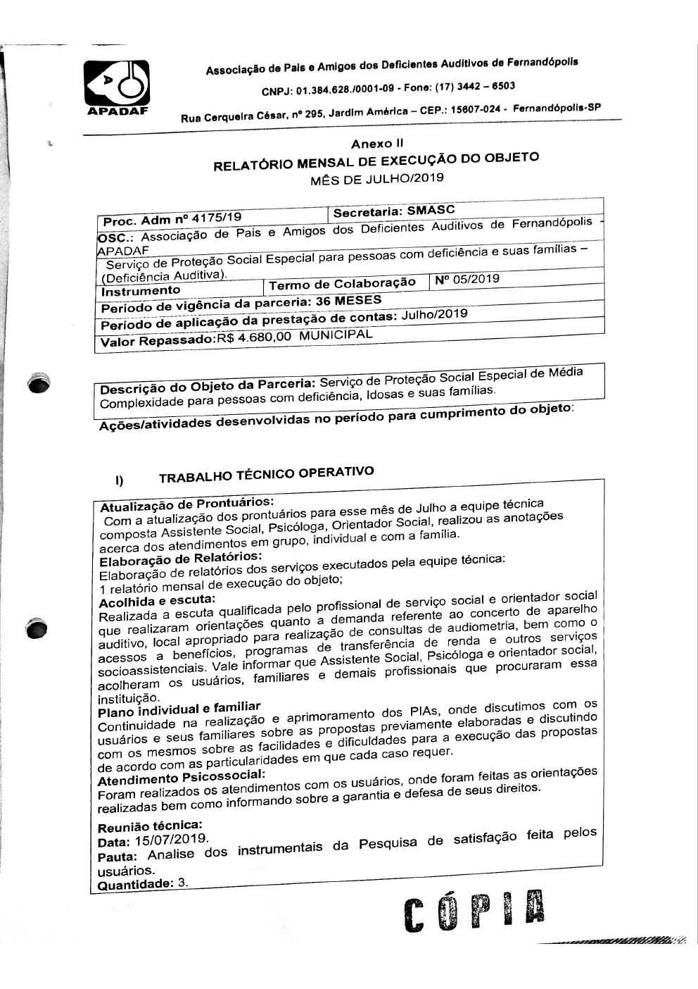 Página 5 de Prestação de Contas Mensal — Média Complexidade — 6ª Parcela — Agosto/2019