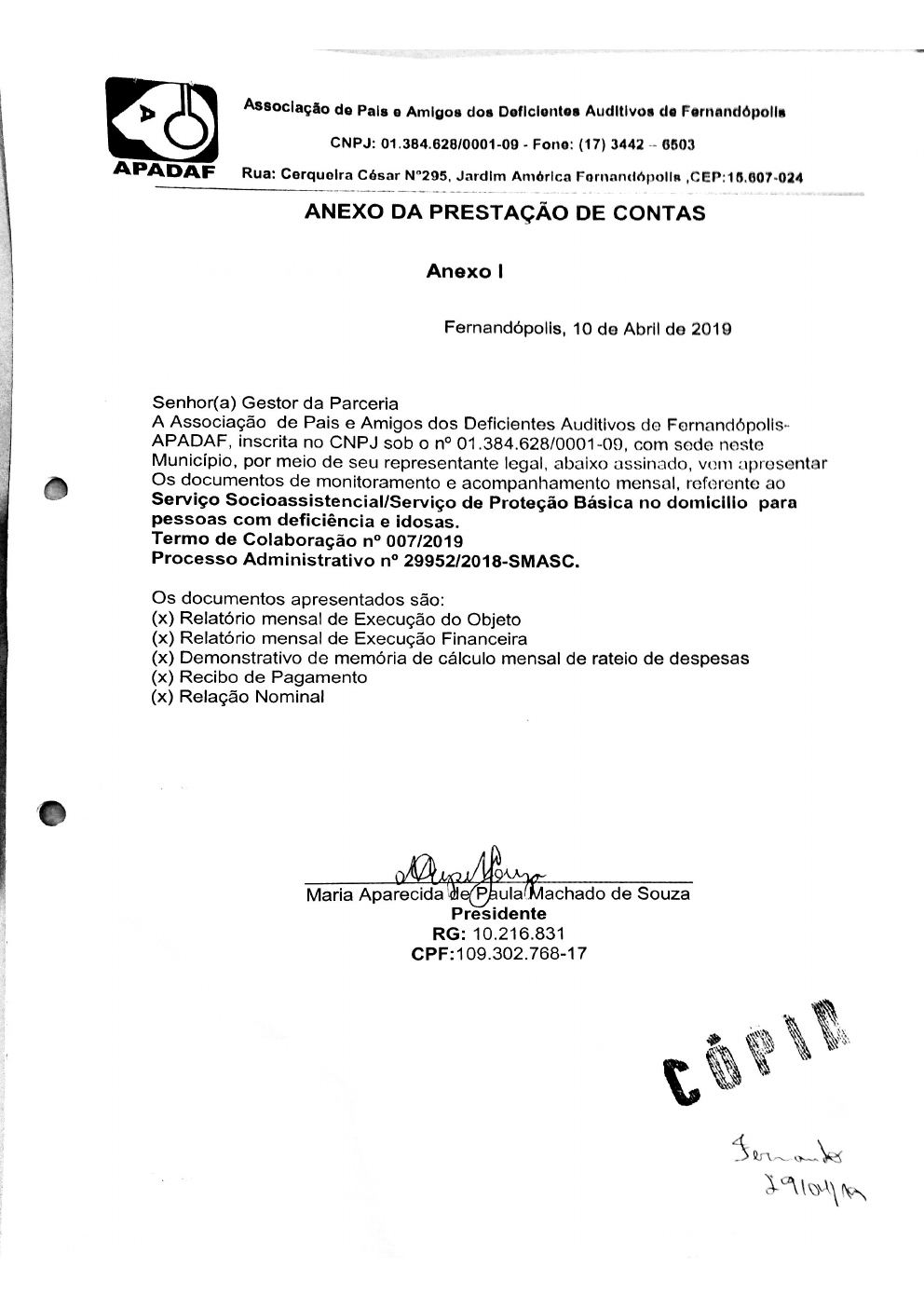 Página 1 de Prestação de Contas Mensal — Proteção Social Básica — 2ª Parcela — Abril/2019