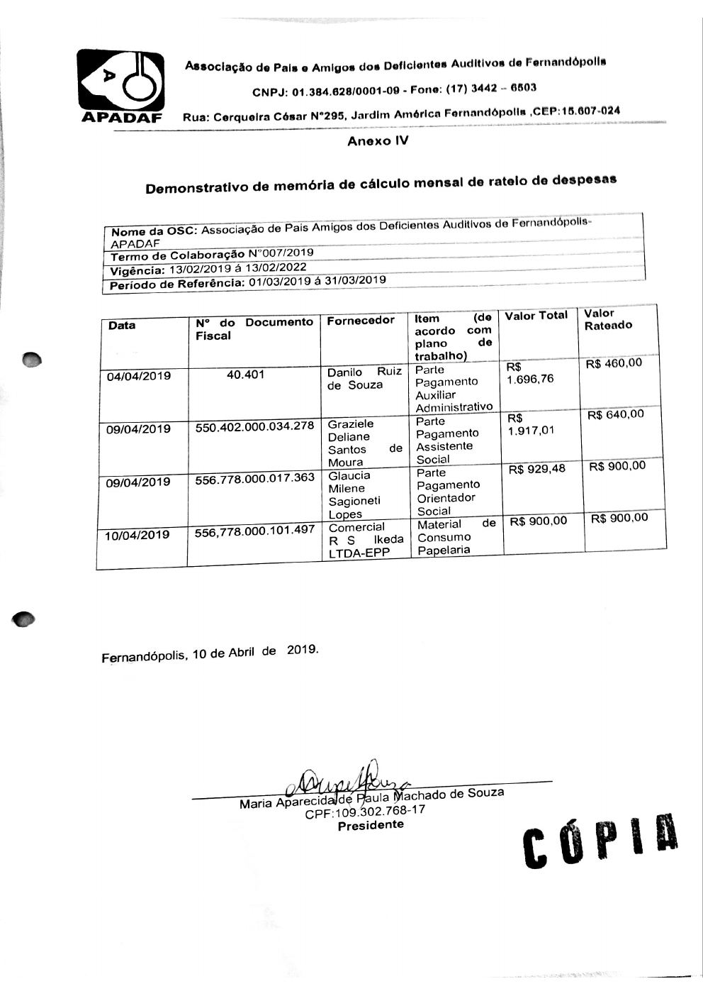Página 2 de Prestação de Contas Mensal — Proteção Social Básica — 2ª Parcela — Abril/2019