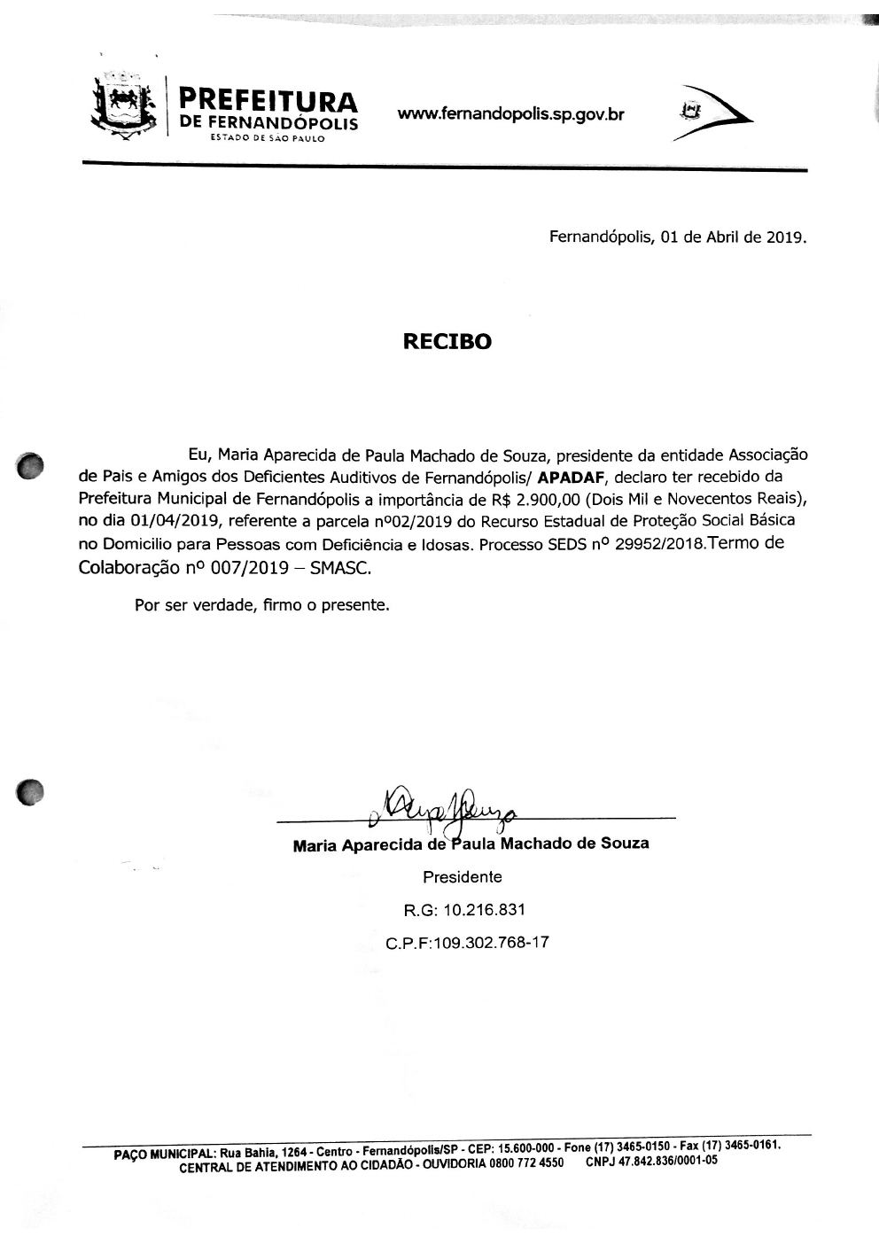 Página 3 de Prestação de Contas Mensal — Proteção Social Básica — 2ª Parcela — Abril/2019