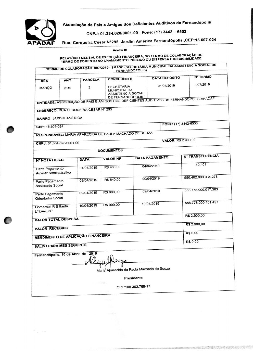 Página 4 de Prestação de Contas Mensal — Proteção Social Básica — 2ª Parcela — Abril/2019