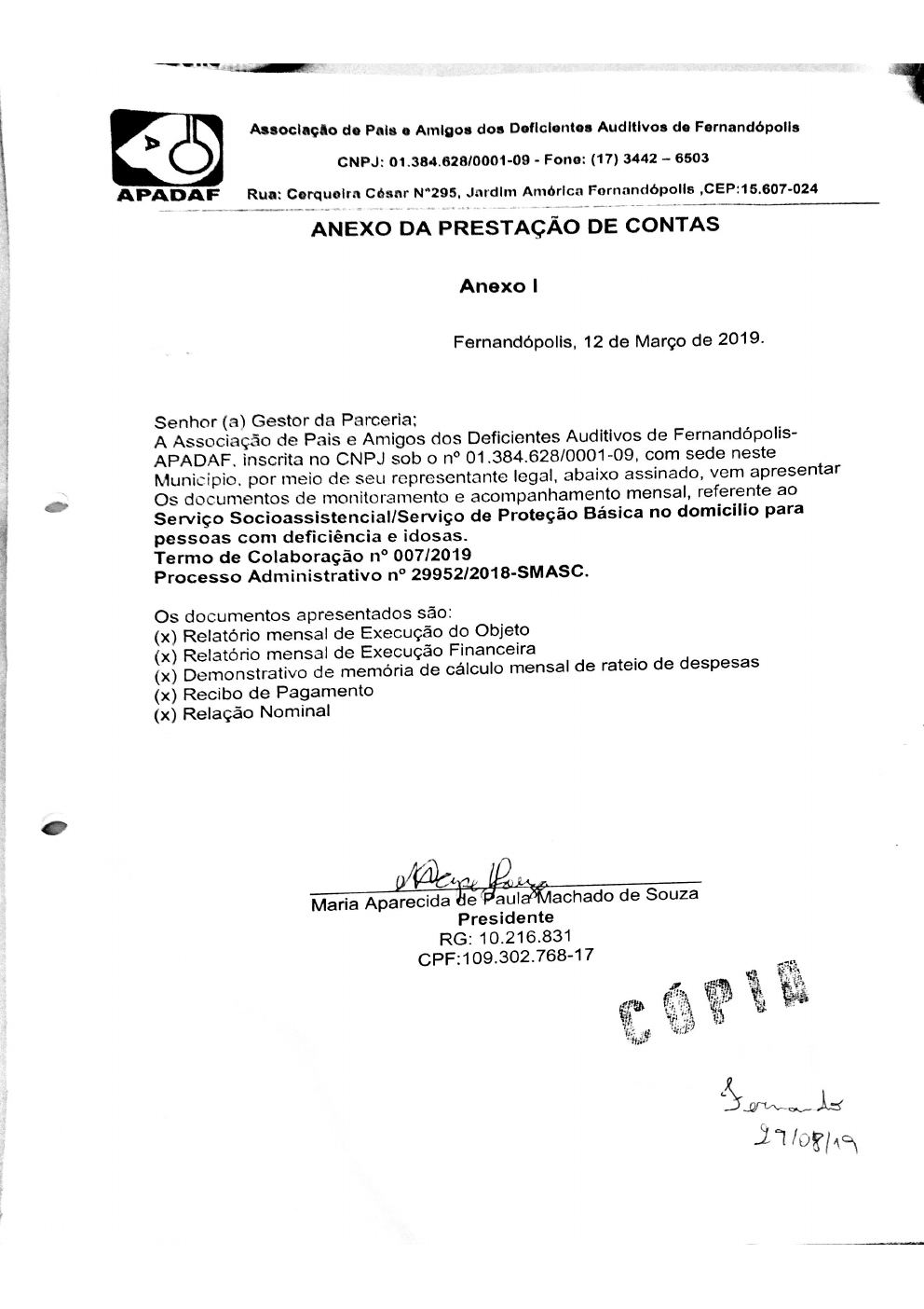 Página 1 de Prestação de Contas Mensal — Proteção Social Básica — 1ª Parcela — Março/2019