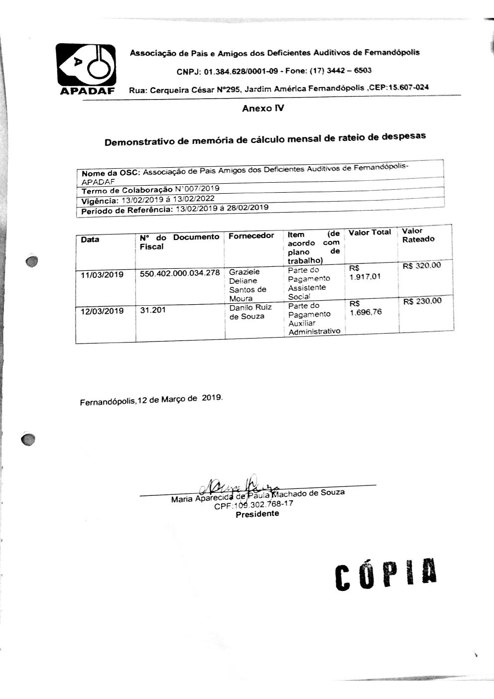 Página 2 de Prestação de Contas Mensal — Proteção Social Básica — 1ª Parcela — Março/2019