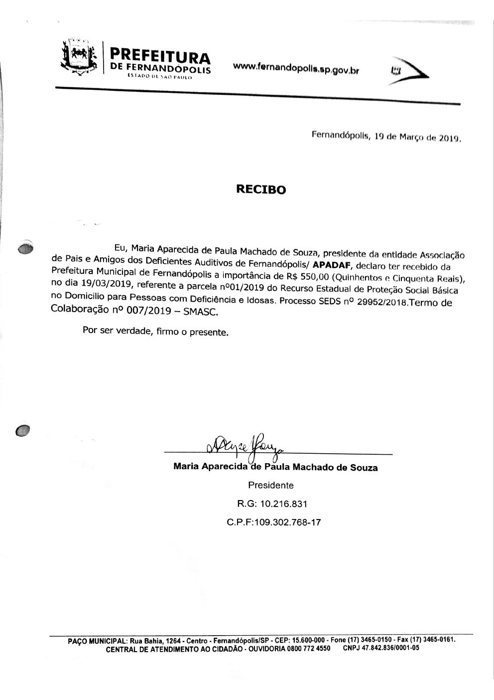 Página 3 de Prestação de Contas Mensal — Proteção Social Básica — 1ª Parcela — Março/2019