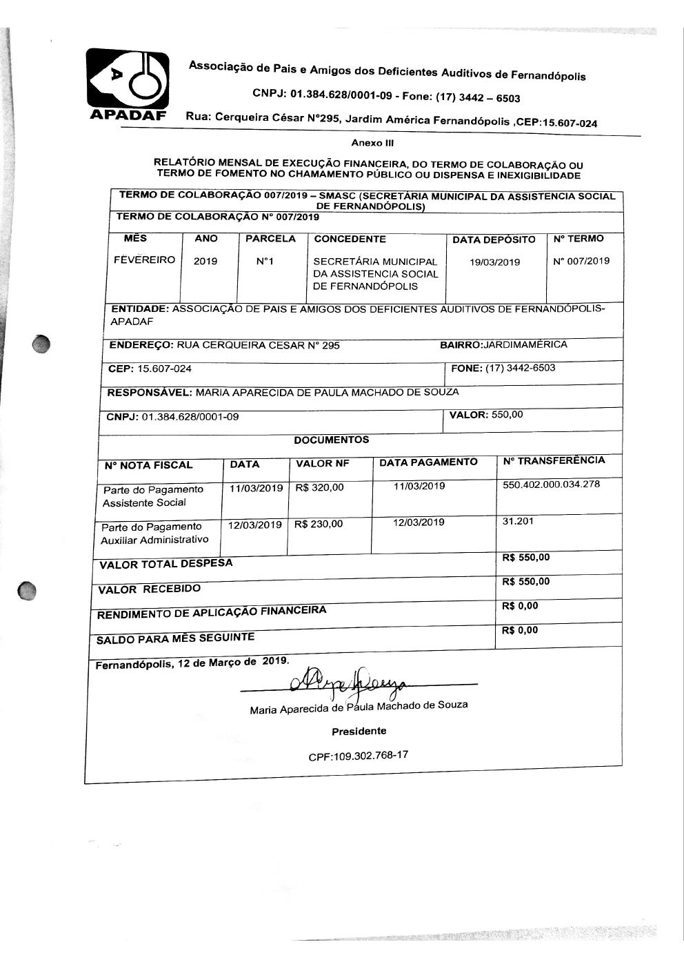 Página 4 de Prestação de Contas Mensal — Proteção Social Básica — 1ª Parcela — Março/2019