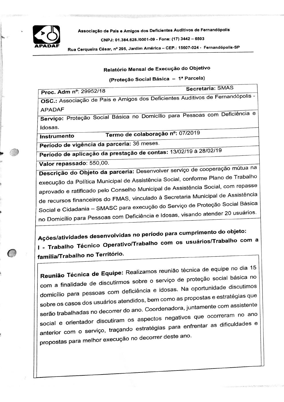 Página 5 de Prestação de Contas Mensal — Proteção Social Básica — 1ª Parcela — Março/2019
