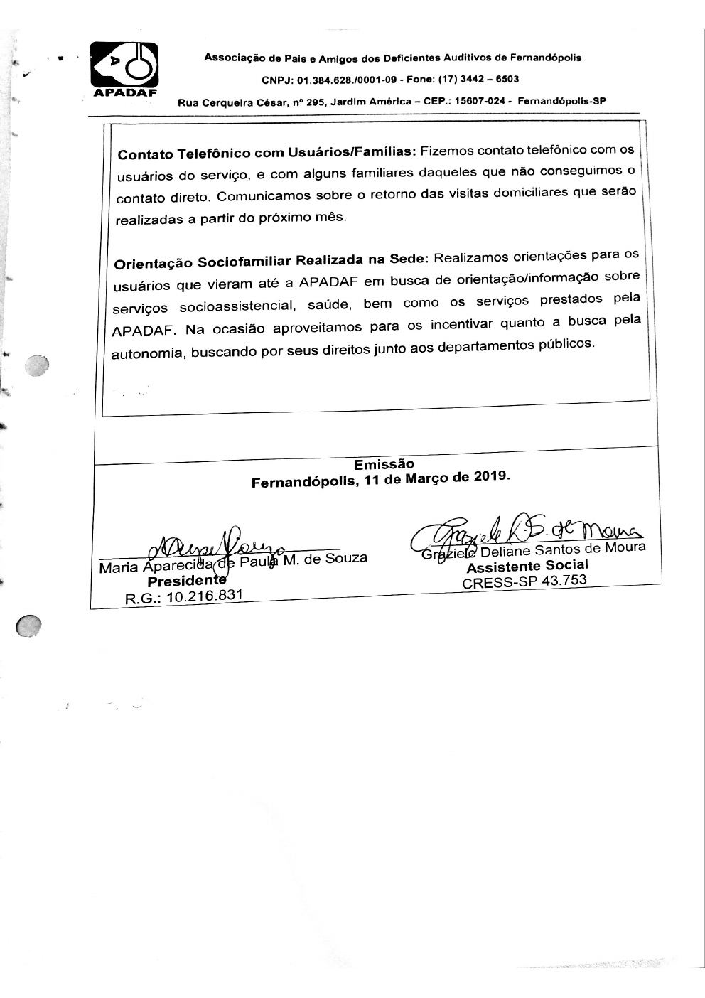 Página 6 de Prestação de Contas Mensal — Proteção Social Básica — 1ª Parcela — Março/2019
