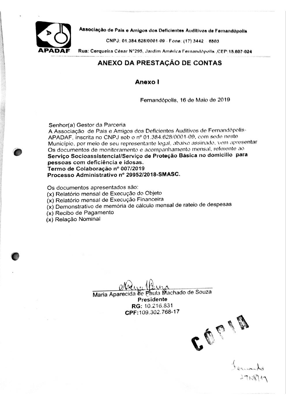 Página 1 de Prestação de Contas Mensal — Proteção Social Básica — 3ª Parcela — Maio/2019