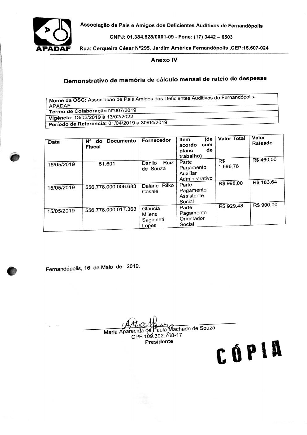 Página 2 de Prestação de Contas Mensal — Proteção Social Básica — 3ª Parcela — Maio/2019