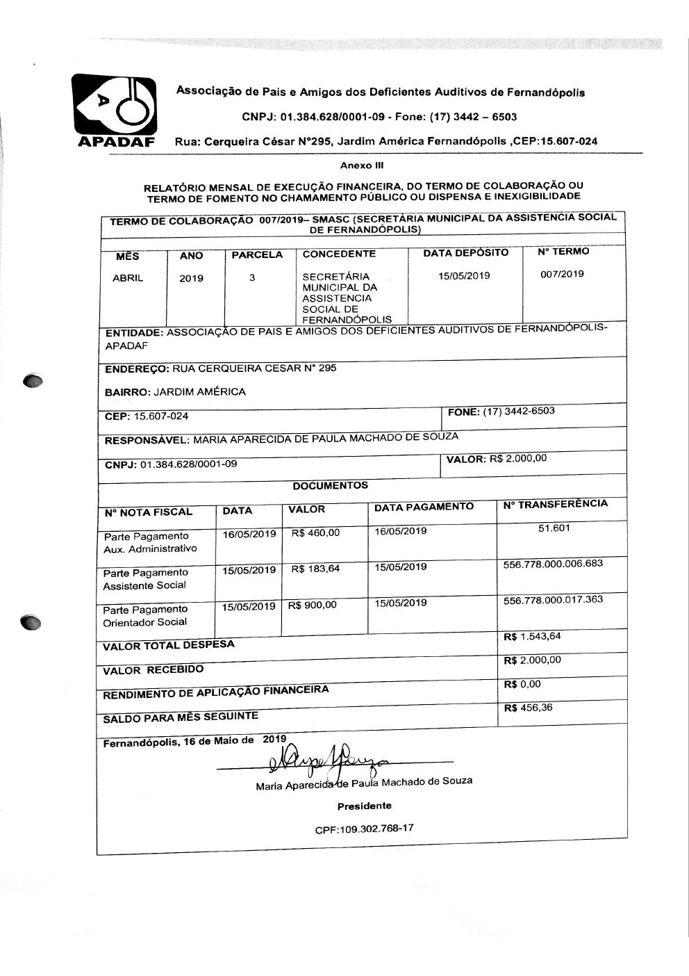 Página 4 de Prestação de Contas Mensal — Proteção Social Básica — 3ª Parcela — Maio/2019