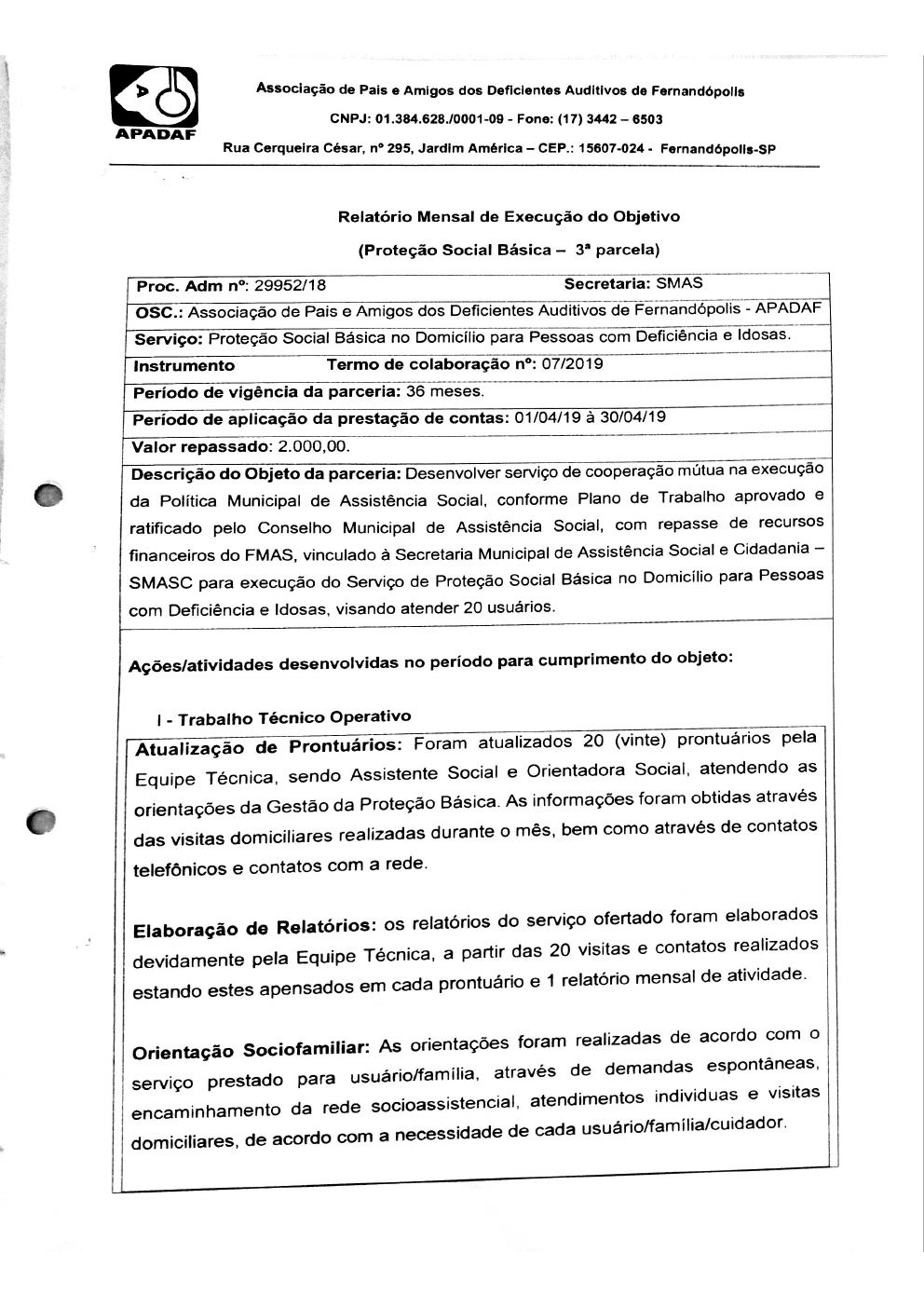 Página 5 de Prestação de Contas Mensal — Proteção Social Básica — 3ª Parcela — Maio/2019